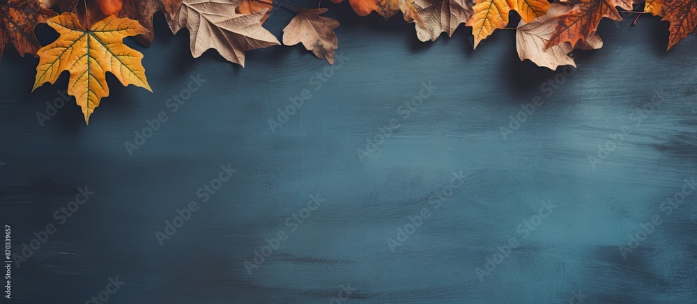 Poster Top view of a vintage background with a structured blue backdrop on the left side, framed by autumn leaves in yellow and orange, offering a copy space image for your design or product display.