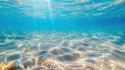 A clear underwater photo of the ocean with a sandy bottom. The sunlight is shining through the water, creating a beautiful ripple effect on the sand