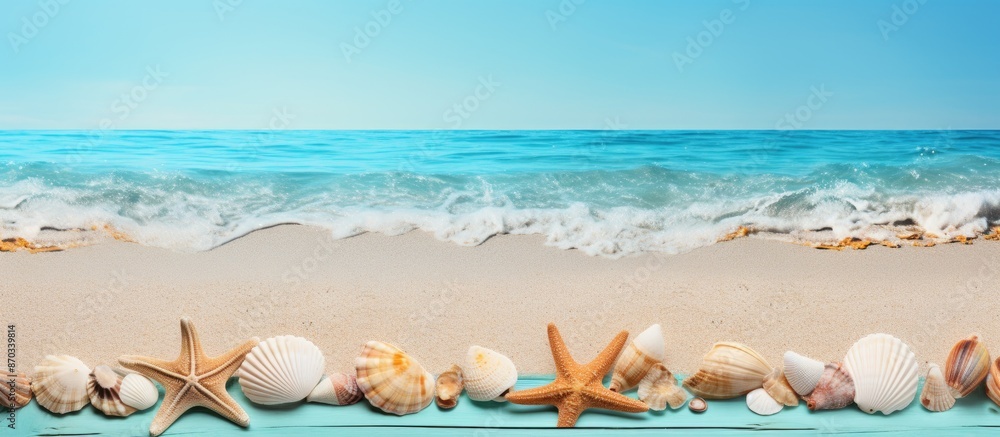 Poster summer vacation theme with starfish and seashells on a turquoise wooden table set against a sandy ba