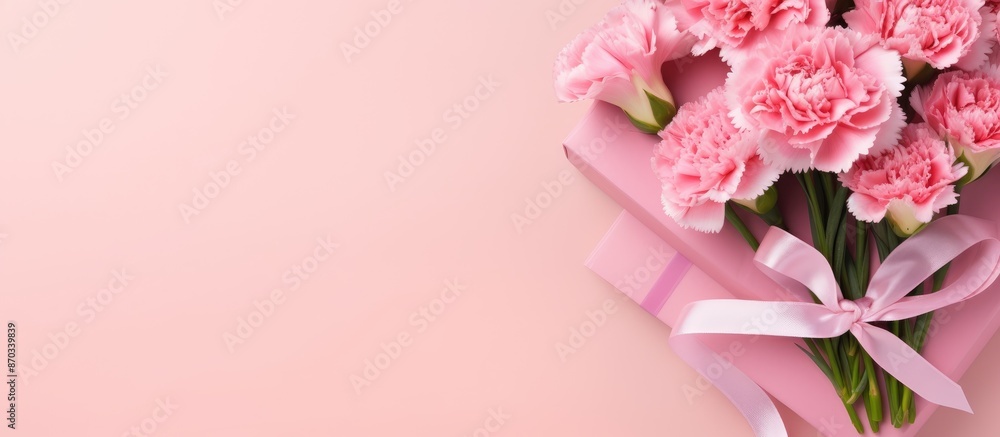 Poster top view of a bouquet of carnations and a gift box on a pink background for mother's day, weddings, 