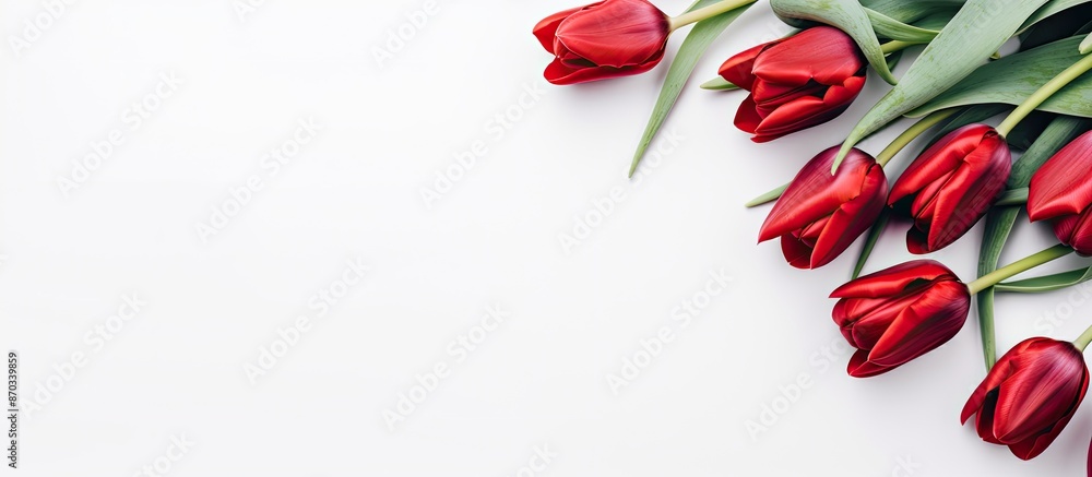 Aufkleber top view of lovely red tulips against a white backdrop, providing ample space for adding text or oth