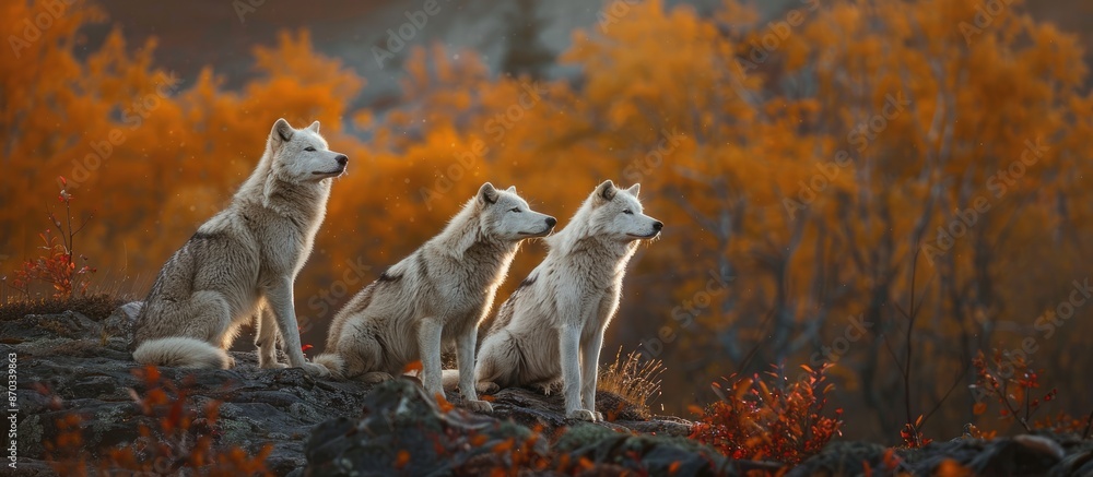 Poster Autumnally colored Arctic Wolves in a natural setting with copy space image.