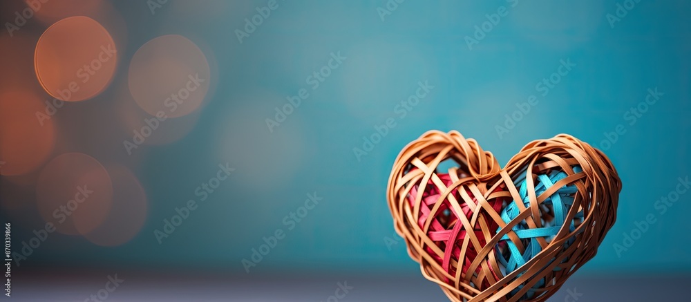 Aufkleber Heart-shaped wooden wicker object representing love on a colorful foil background with selective focus and room for text or image insertion. with copy space image. Place for adding text or design