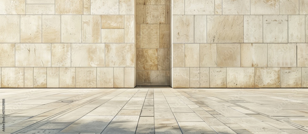 Aufkleber facade of modern building with beige plaster wall, stone abstract pattern and paving slabs floor tex