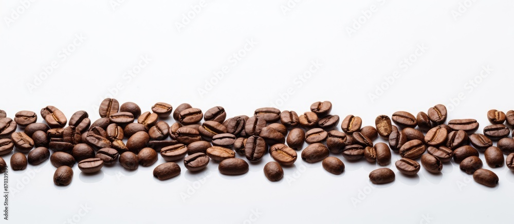 Poster roasted coffee beans assort on a blurred white backdrop, presenting an appealing copy space image fo
