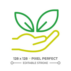 Nature two color line icon. Hand and leaves bicolor outline symbol. Symbol of environmental conservation. Nature care. Duotone linear pictogram. Isolated illustration. Editable stroke