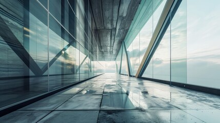 Abstract futuristic glass interior architecture with empty concrete floor.