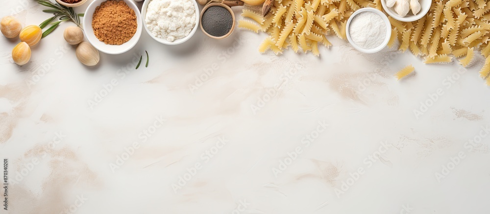 Poster different varieties of pasta displayed on a white marble surface with flour, featuring a blank area 