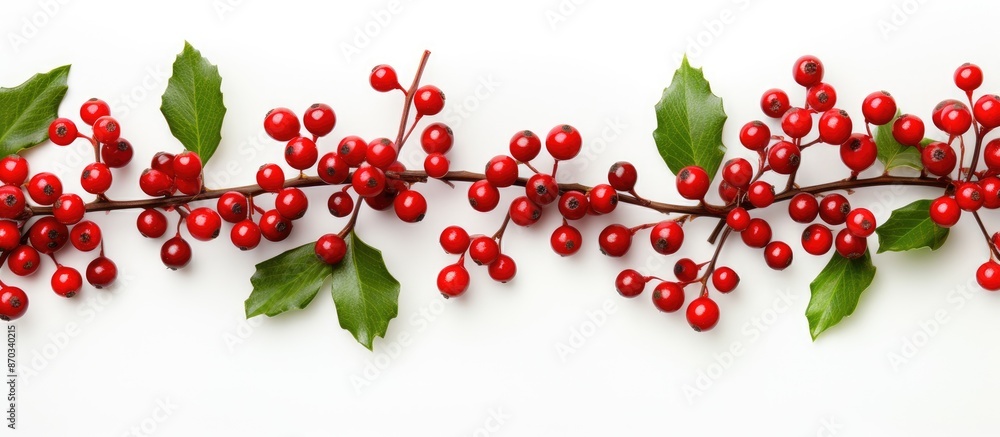 Poster botanical festive flat lay top view with red holly berries and green branches on a white background 