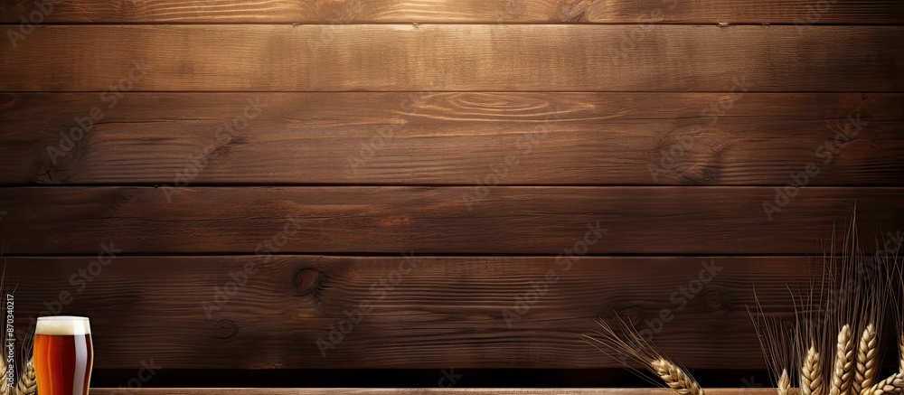 Poster man cave frame with wooden brown background featuring beer bottle and wheat elements, including copy