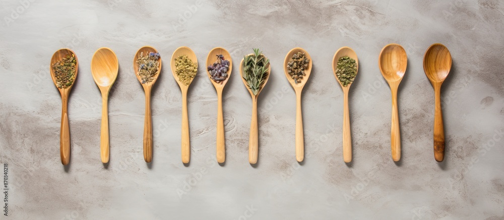 Poster Top view of wooden spoons holding herbal tea on a gray cement backdrop, suitable for children's immunity, with empty space for text or images. with copy space image. Place for adding text or design