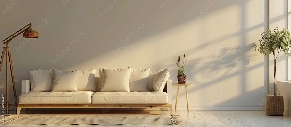 Poster modern living room design with sofa and wooden lamp. with copy space image. Place for adding text or design
