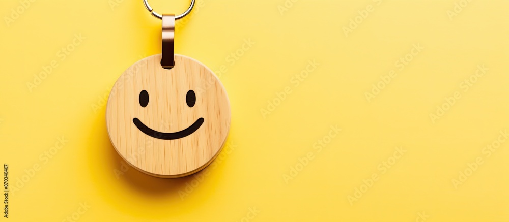 Poster Top view of a wooden keychain shaped like a smiley face on a yellow background with empty space for text. with copy space image. Place for adding text or design