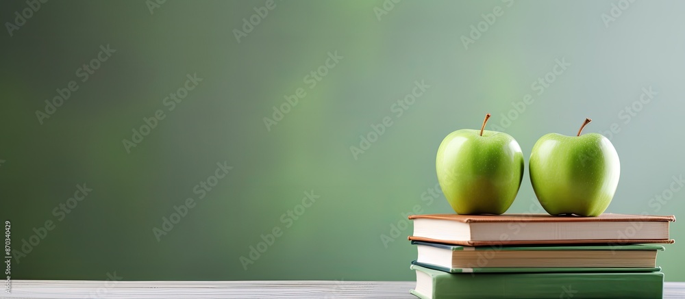 Poster green apple and stack of books displayed with white copy space image.