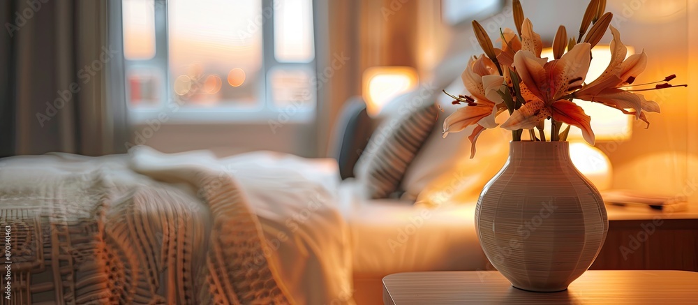 Poster Bedroom setting with a table top in focus and a blurred background, perfect for a copy space image.