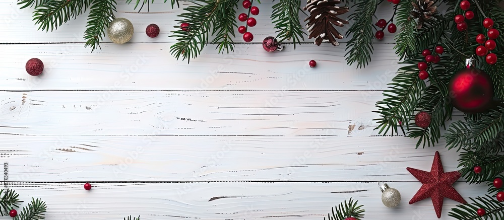 Poster A festive Christmas-themed artwork displayed on a white wooden background adorned with a Christmas tree decoration. Includes ample space for adding your text.