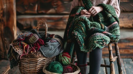 Obraz premium The woman knitting wool scarf