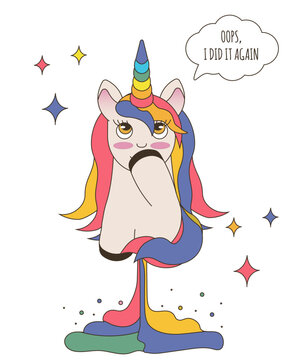 Funny design with Unicorn farts isolated white background. Humor template design t-shirt print. Retro simple naive vector illustration. Pastel pink blue colors. Editable stroke.