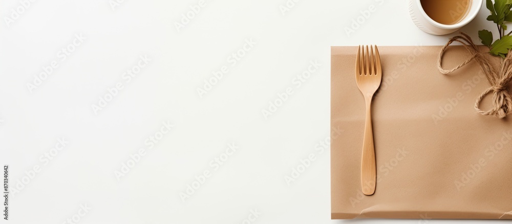 Poster Table setting with disposable items like a paper cup, spoon, and fork placed beside a brown paper bag, label, and notebook on a white background with a pattern for inclusions of a copy space image.