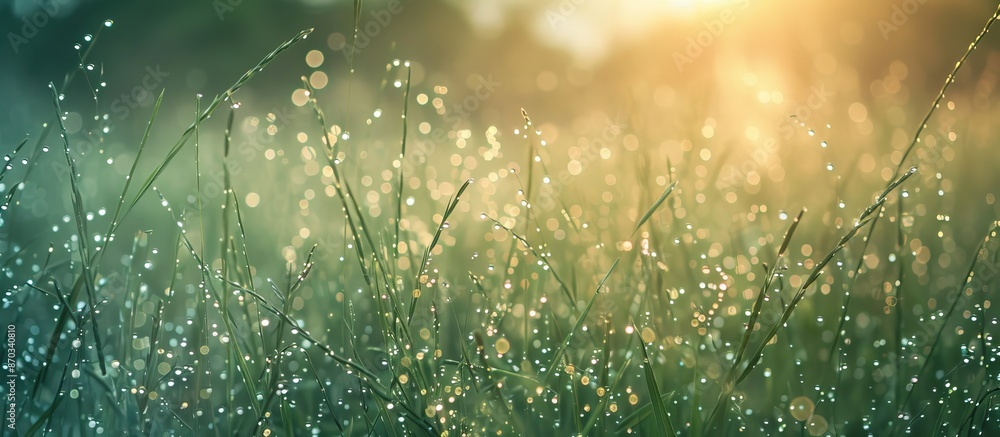 Aufkleber A close-up shot of a damp meadow with dew drops in the morning, perfect for creating a nature-themed copy space image.