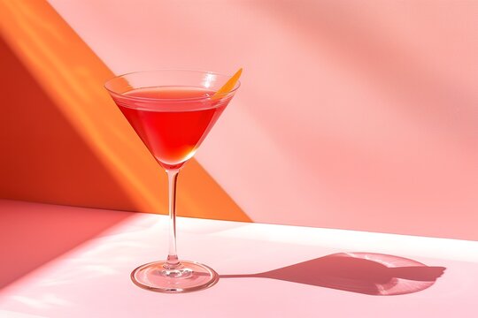 photo of a red cocktail in a highball glass on a pink and orange background, minimalist style, stock photo, simple composition, feminine, sunny light background 
