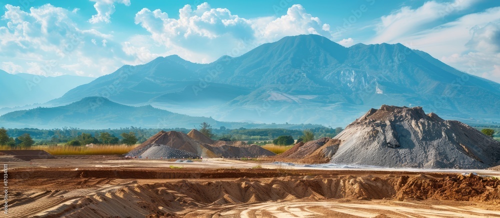 Poster beautiful view of sand mine and mountain background. Copy space image. Place for adding text or design