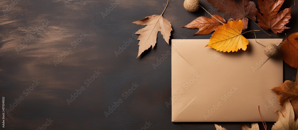 Aufkleber Autumn theme featuring a kraft paper envelope, oak leaves, and space for text or images, suitable for a flat lay composition. with copy space image. Place for adding text or design