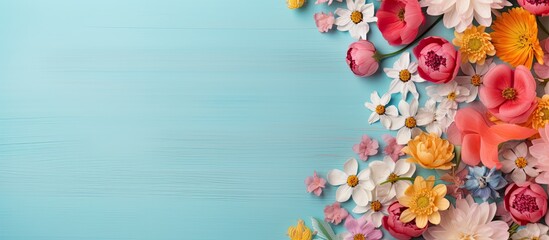 Photo from above showing colorful pencils, paper, and flowers, with ample copy space image.