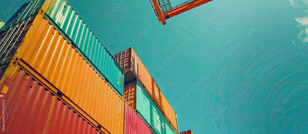 Poster Container cargo freight ship with working crane loading bridge in port and truck transport container with cargo freight plane in transport for logistic import export concept. Copy space image. Place