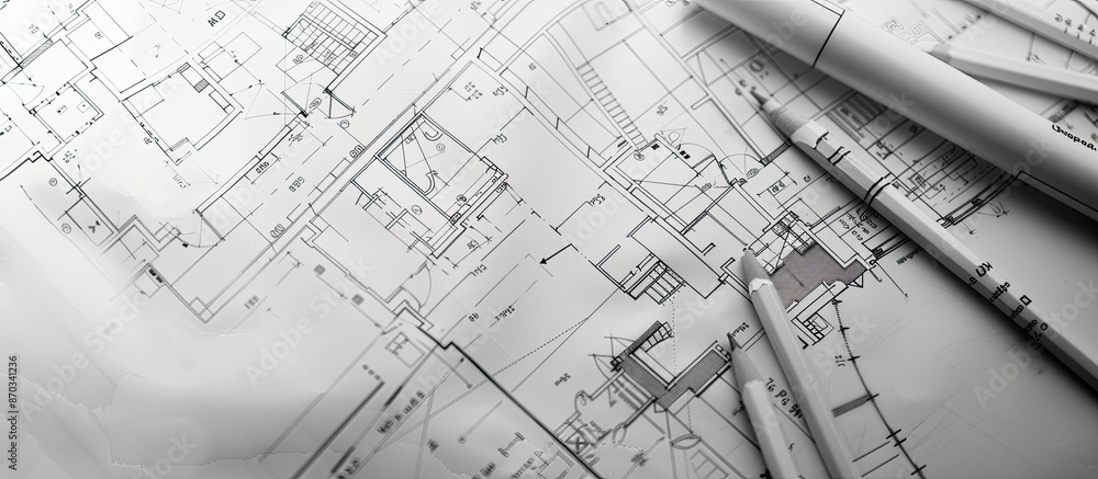 Poster Top view of an architectural blueprint with black and white details on architect desk. with copy space image. Place for adding text or design