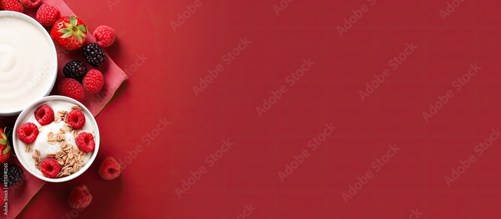 Poster Top view of yogurt with berries and cereals on a red backdrop provides a visually appealing copy space image.