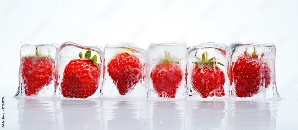 Leinwandbilder strawberry in ice cubes reflected on a white background with copy space image.
