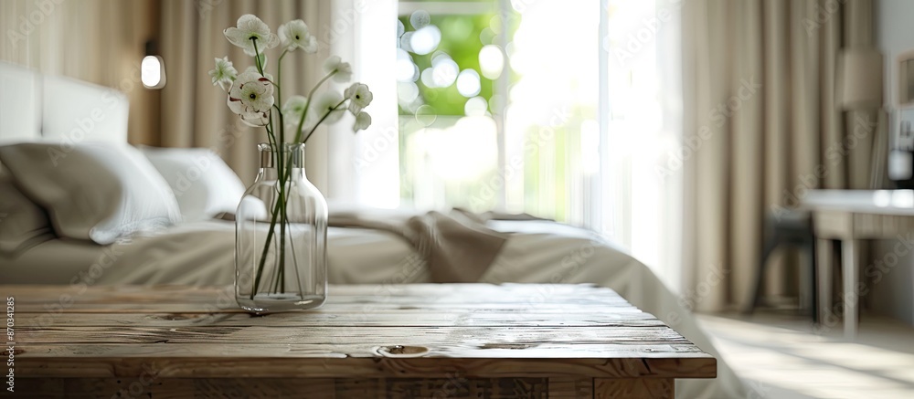 Poster Bedroom setting with a table top in focus and a blurred background, perfect for a copy space image.