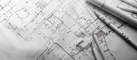 Top view of an architectural blueprint with black and white details on architect desk. with copy space image. Place for adding text or design