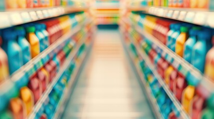 Abstract blur of supermarket shelves filled with a variety of commodity products.
