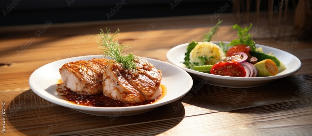 Poster Spicy Pork and Chicken Steaks displayed on a white plate on a wooden table with a clear area for additional image or text.