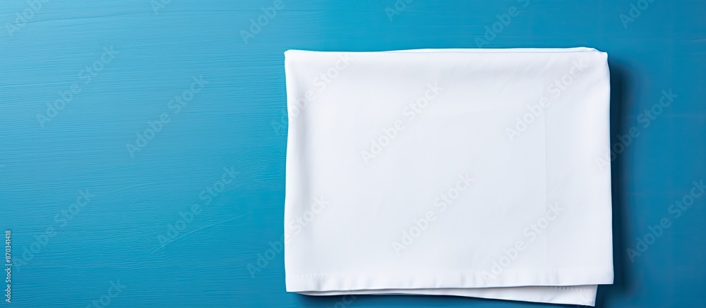 Poster a picture showing a clean white plate and a soft cloth napkin set against a blue background provides