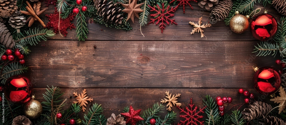 Poster christmas and new year decorations displayed on a wooden background with copy space image.