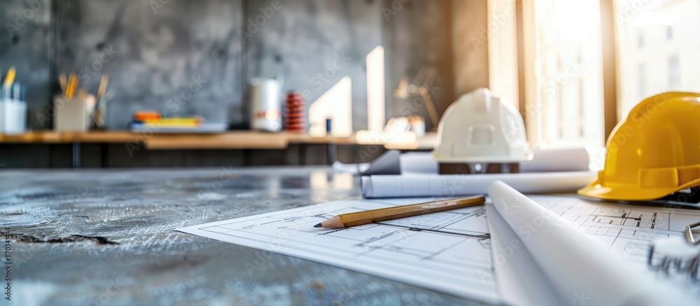 Poster Construction planning with construction drawings and accessories,construction projects on paper. The concept of architecture, . with copy space image. Place for adding text or design