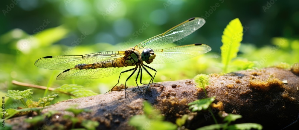Poster a dragonfly with yellow hues perching on lush green leaves for a moment of respite in a natural sett