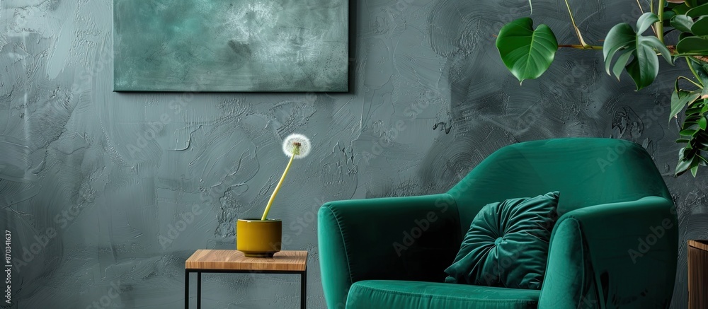 Poster an inviting green armchair sits between a dandelion and a plant, adding a pop of color to the living