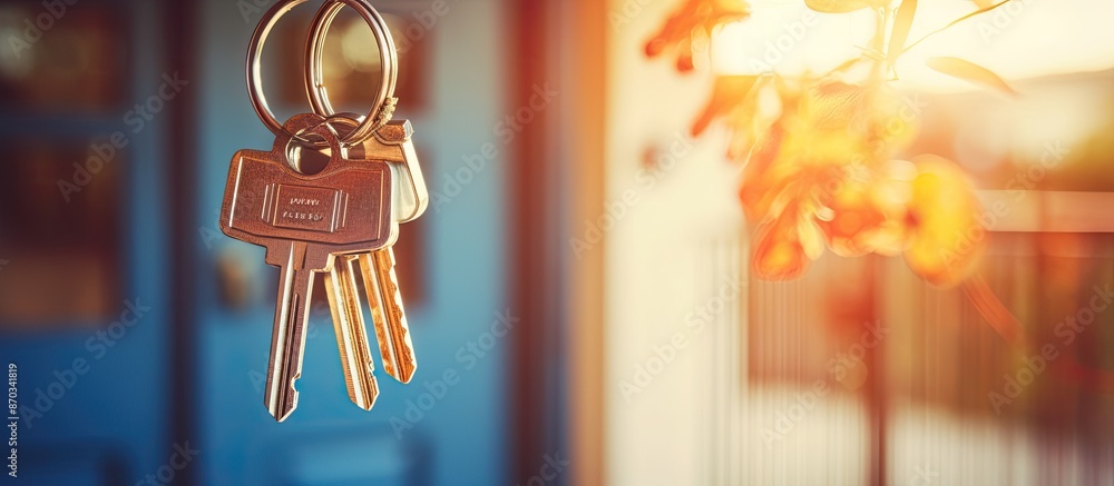 Poster Key and house-shaped keychain on an open door with a blurred background, suitable for text. with copy space image. Place for adding text or design