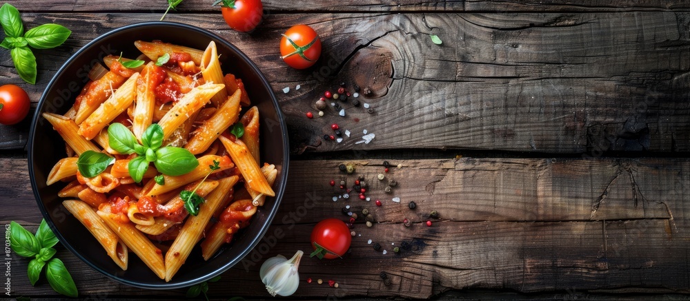Poster italian penne pasta in a flavorful tomato sauce with assorted vegetables, presented on a rustic wood