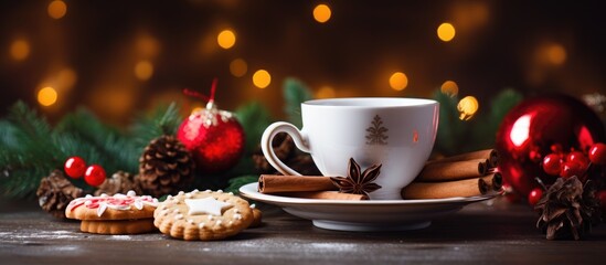 A cup of tea placed on a table adorned with Christmas cookies and New Year's decorations, with room for a copy space image.