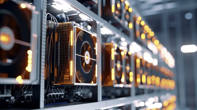 Cryptocurrency mining rigs in action, highlighting digital currency and blockchain innovation.