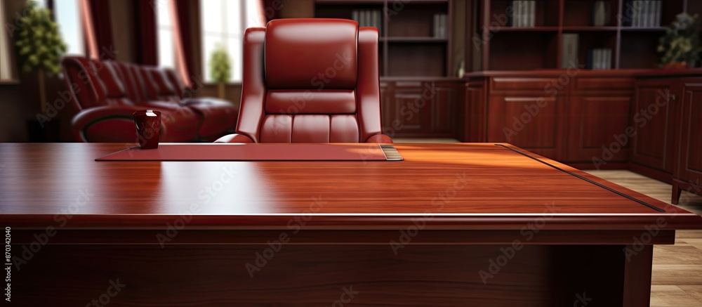 Aufkleber Office table in a rich brown color with plenty of space for work and a blank area for adding images or text. with copy space image. Place for adding text or design