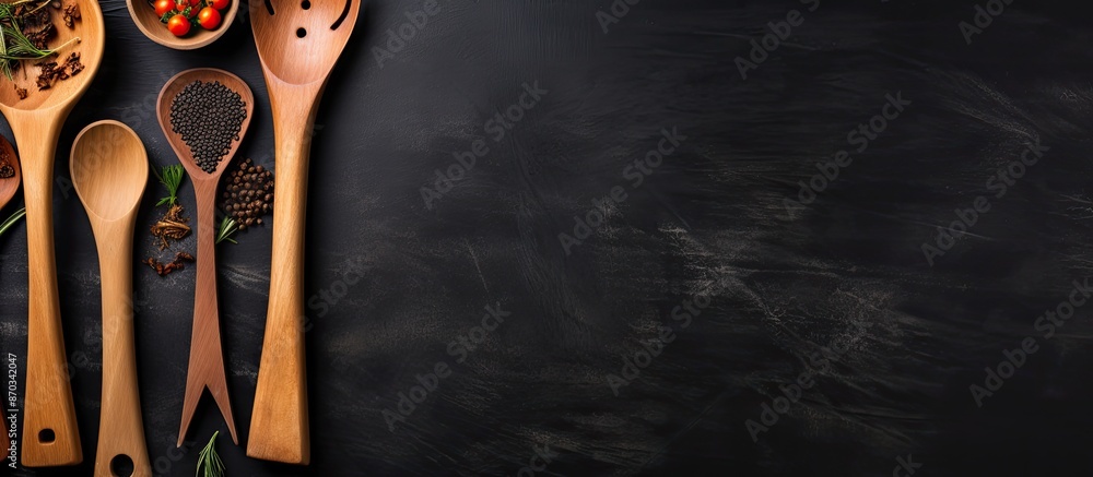 Leinwandbilder Top view of cooking utensils on a black wooden background with free space for your text in the image. with copy space image. Place for adding text or design