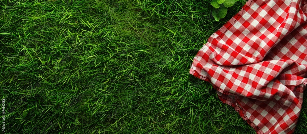 Poster red picnic cloth towel on green grass,gingham tablecloth outdoors plaid on the ground empty copy spa