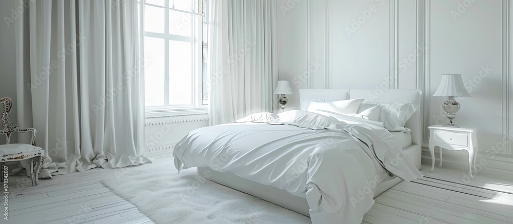 Poster stylish white bedroom with a white bed ,vintage. with copy space image. place for adding text or des