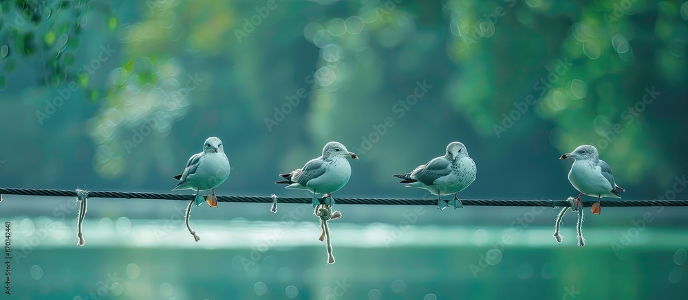 Poster four river gulls perched on a cable with a blurry greenish river in the background, creating a seren